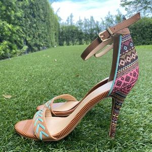 Strappy heels with colorful tribal design